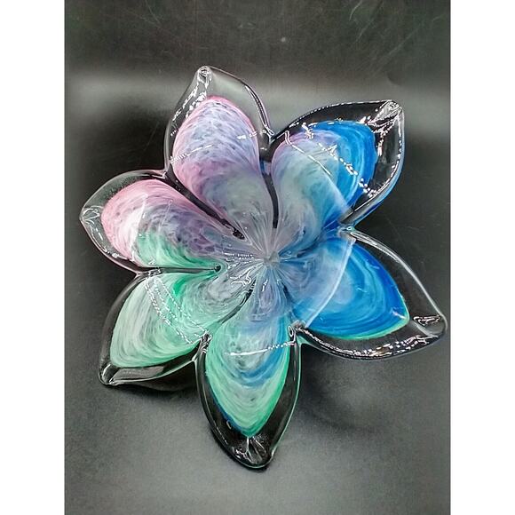Art Glass Star Flower Votive Dish, Pastel Swirl Colors, Clear Rim – Murano Style - Picture 6 of 10